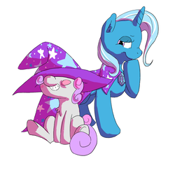 Size: 900x900 | Tagged: safe, artist:greygreene, sweetie belle, trixie, g4, accessory swap, cute