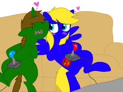 Size: 2048x1536 | Tagged: artist needed, safe, blushing, cheek kiss, couch, gay, heart, kissing, male, pewdiepie, playing, ponified, tobuscus