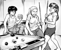 Size: 1650x1350 | Tagged: safe, artist:balthasar999, twilight sparkle, human, g4, a twilight landing, alice, billiards, fanfic art, humanized, jo, josephine faux, madverse, monochrome, pool table