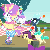 Size: 400x400 | Tagged: safe, screencap, banana peel (g4), brown sugar, circus peanut, flashfluff, lightning flare, luis, miguel, mint flower, plumberry, sancho, titania, earth pony, pony, unicorn, g4, inspiration manifestation, my little pony: friendship is magic, season 4, 5-year-old, animated, background character, background pony, blank flank, cake, clown, colt, filly, hat, male, mariachi, party, party hat, stallion, table, unicycle