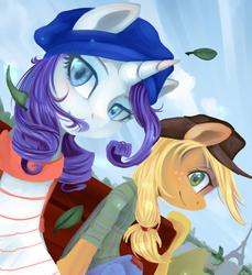 Size: 2098x2290 | Tagged: safe, artist:facerenon, applejack, rarity, semi-anthro, g4, clothes, eiffel tower, hat, high res, pants, paris, shirt