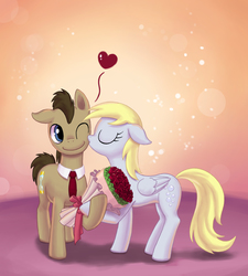 Size: 2427x2695 | Tagged: safe, artist:dannylim86, derpy hooves, doctor whooves, time turner, pegasus, pony, g4, bouquet, female, heart, high res, kissing, male, mare, rose, ship:doctorderpy, shipping, straight