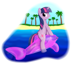 Size: 4704x4203 | Tagged: safe, artist:galekz, twilight sparkle, dolphin, pony, unicorn, g4, absurd resolution, beach, bedroom eyes, butt, female, fetish, inflatable, inflatable dolphin, inflatable fetish, mare, ocean, palm tree, plot, pool toy, riding, solo, tree, unicorn twilight, wanna ride?