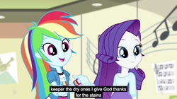 Size: 1280x716 | Tagged: safe, screencap, rainbow dash, rarity, equestria girls, g4, my little pony equestria girls: rainbow rocks, pinkie on the one, female, god, meme, music notes, religion, religion in the comments, youtube caption