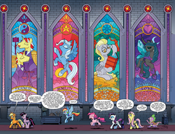 Size: 2800x2154 | Tagged: safe, artist:andypriceart, idw, applejack, derpy hooves, flam, flim, fluttershy, pinkie pie, queen chrysalis, rainbow dash, rarity, spike, trixie, twilight sparkle, alicorn, changeling, dragon, earth pony, flutter pony, pony, unicorn, g4, spoiler:comic, alternate universe, andy you magnificent bastard, bright eyes (mirror universe), canterlot, dark mirror universe, equestria-3, eyeshadow, female, flim flam brothers, glasses, high res, implied cannibalism, male, mane seven, mane six, mare, mirror universe, princess of humility, race swap, reversalis, stained glass, trixiecorn, twilight sparkle (alicorn), yin-yang