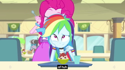 Size: 1280x719 | Tagged: safe, screencap, cherry crash, pinkie pie, rainbow dash, ringo, equestria girls, g4, my little pony equestria girls: rainbow rocks, pinkie on the one, annoyed, background human, cafeteria, chair, column, cup, drumming, fork, lunch, meme, spaghetti, spoon, tray, youtube caption