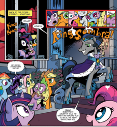Size: 1400x1523 | Tagged: safe, artist:andy price, idw, official comic, applejack, fluttershy, king sombra, pinkie pie, rainbow dash, rarity, spike, twilight sparkle, alicorn, dragon, earth pony, pony, unicorn, comic:heartbeat, g4, reflections, spoiler:comic, spoiler:comic18, alternate universe, backpack, female, good king sombra, heart bulge, heart eyes, heart pounding, heartbeat, implied princess celestia, male, mane seven, mane six, mare, shiny teeth, ship:sombrashy, shipping, sombrarity, stallion, straight, stupid sexy good king sombra, stupid sexy sombra, twilight sparkle (alicorn), varying degrees of want, wingding eyes