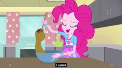 Size: 1279x719 | Tagged: safe, screencap, pinkie pie, equestria girls, g4, my little pony equestria girls: rainbow rocks, pinkie on the one, baking, batter, bowl, curtains, female, kitchen, ladle, meme, solo, youtube caption