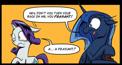 Size: 900x480 | Tagged: safe, artist:lovelyneckbeard, princess luna, rarity, g4, angry, comic, i can't believe it's not idw, missing accessory, them's fightin' words