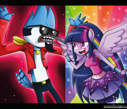 Size: 1102x944 | Tagged: safe, artist:the-butch-x, twilight sparkle, equestria girls, g4, my little pony equestria girls: rainbow rocks, breasts, busty twilight sparkle, crossover, duo, female, future mordecai, hilarious in hindsight, male, mordecai, regular show