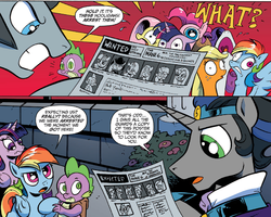 Size: 1399x1117 | Tagged: safe, artist:andypriceart, idw, official comic, applejack, fluttershy, king sombra, pinkie pie, rainbow dash, rarity, spike, twilight sparkle, alicorn, pony, g4, reflections, spoiler:comic, spoiler:comic18, alternate universe, backpack, dark mirror universe, equestria-3, evil applejack, evil applejack (mirror universe), evil counterpart, evil fluttershy, evil fluttershy (mirror universe), evil pinkie pie, evil rainbow dash, evil rainbow dash (mirror universe), evil rarity, evil rarity (mirror universe), evil spike, evil spike (mirror universe), evil twilight, evil twilight (mirror universe), faic, female, good king sombra, guard, mane seven, mane six, mare, pinkamena diane pie, pinkamena diane pie (mirror universe), twilight sparkle (alicorn), wanted poster