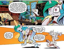 Size: 1397x1096 | Tagged: safe, artist:andy price, idw, official comic, princess celestia, star swirl the bearded, g4, spoiler:comic, spoiler:comic18, flashback, magic mirror, nervous, reflections star swirl, snorting