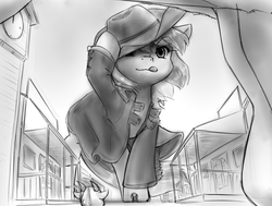 Size: 1144x863 | Tagged: safe, artist:alloyrabbit, applejack, rainbow dash, oc, oc:goatmod, goat, pony, g4, clock tower, clothes, giant pony, macro, monochrome, tongue out, trenchcoat, western