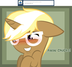 Size: 1280x1189 | Tagged: safe, artist:suenden-hund, trenderhoof, g4, ask, blushing, cute, embarrassed, floppy ears, glasses, grin, smiling, solo, trenderhoof replies, tumblr