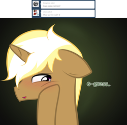 Size: 1280x1267 | Tagged: safe, artist:suenden-hund, trenderhoof, g4, ask, blushing, guess, solo, trenderhoof replies, tumblr