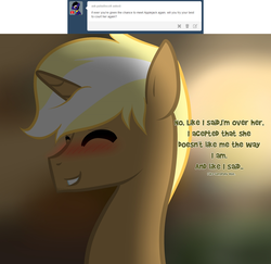 Size: 1280x1242 | Tagged: safe, artist:suenden-hund, trenderhoof, g4, ask, blushing, female, male, shipping, smiling, solo, straight, trenderhoof replies, trenderjack, tumblr