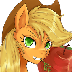 Size: 700x700 | Tagged: safe, artist:kuromozuku, applejack, g4, apple, female, solo, straw