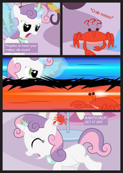 Size: 3508x4961 | Tagged: safe, artist:replaymasteroftime, sweetie belle, crab, g4, comic, crab battle, descriptive noise, glare, magic, pinch, question mark, running, sweetie fighting a tiny crab, tiara, wooden sword, yelling