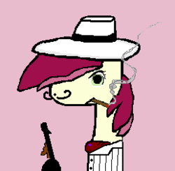 Size: 258x253 | Tagged: safe, artist:katsu, roseluck, g4, female, hat, machine gun, mafia, moustache, solo