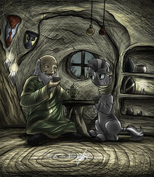 Size: 1024x1177 | Tagged: safe, artist:slawomiro, zecora, human, zebra, g4, avatar the last airbender, crossover, iroh, tea, zecora's hut