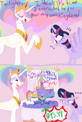 Size: 678x1006 | Tagged: safe, artist:sugaryboogary, princess celestia, tree of harmony, twilight sparkle, alicorn, pony, g4, bucktooth, comic, female, hilarious in hindsight, mare, merchandise, parody, tree, twilight sparkle (alicorn), unamused