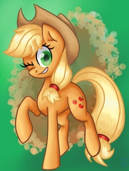 Size: 1200x1600 | Tagged: safe, artist:clickworks, applejack, g4, female, one eye closed, raised hoof, solo, wink