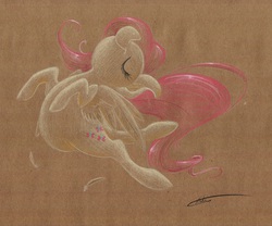Size: 1928x1606 | Tagged: safe, artist:getchanoodlewet, fluttershy, g4, arched back, backbend, eyes closed, feather, female, fluffy, flying, happy, smiling, solo, spread wings, traditional art