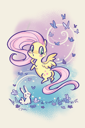 Size: 590x887 | Tagged: safe, artist:melissahesterblog, fluttershy, butterfly, rabbit, g4, animal, female, flower, flying, grass, solo