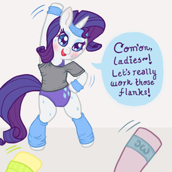 Size: 700x700 | Tagged: safe, artist:mcponyponypony, rarity, pony, g4, aerobics, athlete, bipedal, clothes, exercise, leg warmers, leotard, open mouth, request, requested art, smiling, sweat, sweatband, sweatdrop, workout, workout outfit