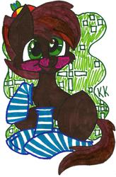Size: 1080x1646 | Tagged: safe, artist:krazykari, button mash, earth pony, pony, g4, blank flank, blushing, clothes, colt, foal, hat, hooves, looking at you, male, open mouth, propeller hat, socks, solo, striped socks, traditional art