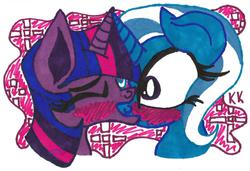 Size: 1572x1077 | Tagged: safe, artist:krazykari, trixie, twilight sparkle, g4, female, kissing, lesbian, ship:twixie, shipping, surprise kiss, traditional art