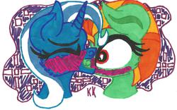 Size: 1617x1012 | Tagged: safe, artist:krazykari, lightning dust, trixie, pony, unicorn, g4, duo, female, kiss on the lips, kissing, lesbian, mare, shipping, surprise kiss, traditional art