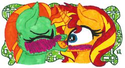 Size: 1689x921 | Tagged: safe, artist:krazykari, lightning dust, sunset shimmer, pony, unicorn, g4, duo, female, kiss on the lips, kissing, lesbian, mare, shipping, surprise kiss, traditional art