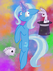 Size: 768x1024 | Tagged: safe, artist:prof-zoro, trixie, pony, rabbit, unicorn, g4, abstract background, bunny out of the hat, card, crying, female, glowing horn, hat, horn, magic, magic trick, mare, solo, telekinesis, top hat