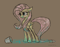 Size: 1451x1141 | Tagged: safe, artist:sigmanas, fluttershy, pegasus, pony, g4, bucket, female, sad, solo