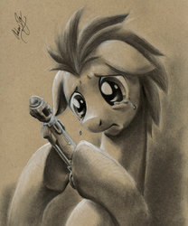 Size: 600x721 | Tagged: safe, artist:muffyn-man, doctor whooves, time turner, g4, crying, doctor who, male, solo, sonic screwdriver