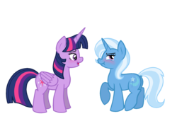 Size: 1280x960 | Tagged: safe, artist:dreamy-tommy, trixie, twilight sparkle, alicorn, pony, unicorn, g4, blushing, embarrassed, female, lesbian, looking away, mare, ship:twixie, shipping, simple background, transparent background, tsundere, tsunderixie, twilight sparkle (alicorn), vector