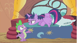 Size: 1152x648 | Tagged: safe, screencap, spike, twilight sparkle, alicorn, pony, g4, inspiration manifestation, angry, animated, bed, brushed off, cringing, curtains, death stare, exhausted, female, frown, frustrated, glare, golden oaks library, gritted teeth, grumpy, mare, messy mane, pointing, raised eyebrow, sitting, smug, snark, spread wings, talking, that's spike, tired, twilight sparkle (alicorn), window