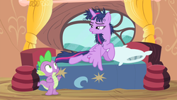 Size: 1280x720 | Tagged: safe, screencap, spike, twilight sparkle, alicorn, pony, g4, inspiration manifestation, my little pony: friendship is magic, female, male, mare, messy mane, out of context, pillow, twilight sparkle (alicorn)