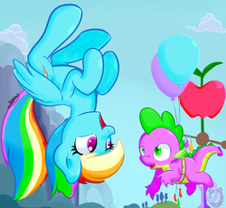 Size: 1180x1087 | Tagged: safe, artist:shadowhulk, rainbow dash, spike, dragon, pegasus, pony, g4, balloon, female, flying, male, ship:rainbowspike, shipping, straight, upside down, weather vane