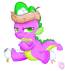 Size: 1087x1180 | Tagged: safe, artist:shadowhulk, spike, duck, g4, duckling, egg, grumpy, hatching, male, nest, nest hat, simple background, solo, transparent background