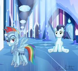 Size: 1024x931 | Tagged: safe, artist:rulette, rainbow dash, soarin', g4, alternate hairstyle, armor, blushing, crystal empire, female, male, ship:soarindash, shipping, straight