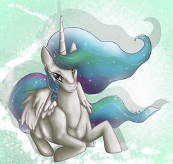 Size: 785x743 | Tagged: safe, artist:cnat, princess celestia, alicorn, pony, g4, crouching, female, mare, sitting, solo