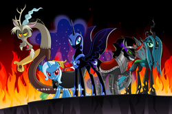 Size: 1000x667 | Tagged: safe, artist:x-chan-, discord, king sombra, nightmare moon, queen chrysalis, trixie, g4, alicorn amulet, antagonist, fire
