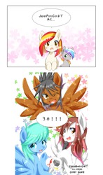 Size: 800x1364 | Tagged: safe, artist:nabebuta, oc, oc only, oc:poniko, oc:rokuchan, pony, anime, countdown, japan ponycon, japanese, looking at you, microphone, one eye closed, spread wings, wings, wink