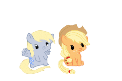 Size: 600x400 | Tagged: safe, artist:kbcookie, edit, applejack, derpy hooves, g4, animated, cute, derpabetes, eating, female, filly, hat, jackabetes, rope, tied up, younger