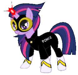 Size: 1062x1025 | Tagged: safe, artist:byteslice edits, artist:dowlphin, edit, twilight sparkle, g4, animated, badass adorable, clothes, cute, female, glare, goggles, magic, masked matter-horn costume, police, power ponies, pun, smiling, solo