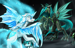 Size: 1280x828 | Tagged: safe, artist:slifertheskydragon, queen chrysalis, oc, oc:frightmare frost, changeling, changeling queen, g4, female, fight