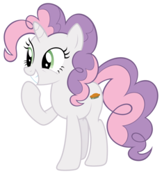 Size: 5500x5900 | Tagged: safe, artist:dowlphin, edit, pinkie pie, sweetie belle, oc, oc:sweetiepie, earth pony, hybrid, pony, unicorn, g4, absurd resolution, female, fusion, mixed race, pie, recolor, simple background, solo, transparent background, vector