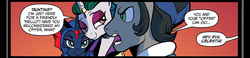 Size: 1400x323 | Tagged: safe, idw, king sombra, princess celestia, princess luna, g4, reflections, spoiler:comic, spoiler:comic18, bedroom eyes, cropped, evil celestia, evil counterpart, evil luna, evil sisters, eyeshadow, good king sombra, mirror universe